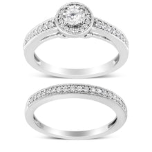 Load image into Gallery viewer, .925 Sterling Silver 1/2 Ctw Diamond Halo and Milgrain Engagement Ring Bridal Set (I-J Color, I3 Clarity) - Ring Size 7