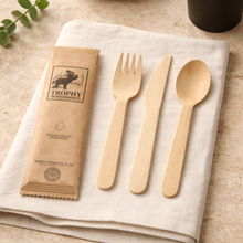 Load image into Gallery viewer, Disposable Birchwood Cutlery - Knife, Spoon and Fork By The Set In Eco-Friendly Brown Paper Wrapper - USA Made