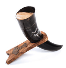 Load image into Gallery viewer, Curved Drinking Horn with Wooden Stand