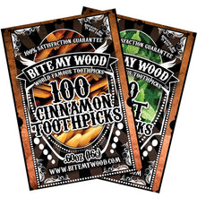 Load image into Gallery viewer, 2 Pack BiteMyWood Cinnamon and Mint Flavored Birchwood Toothpicks in 100 Qty Plastic Reusable Bags
