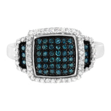 Load image into Gallery viewer, Black Rhodium Plated .925 Sterling Silver 1/2 Cttw White & Blue Diamond Square Halo Cocktail Ring (Fancy Blue & H-I Color, I2-I3 Clarity) - SIze 6