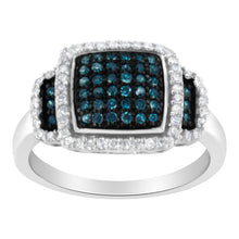 Load image into Gallery viewer, Black Rhodium Plated .925 Sterling Silver 1/2 Cttw White & Blue Diamond Square Halo Cocktail Ring (Fancy Blue & H-I Color, I2-I3 Clarity) - SIze 6