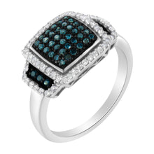 Load image into Gallery viewer, Black Rhodium Plated .925 Sterling Silver 1/2 Cttw White & Blue Diamond Square Halo Cocktail Ring (Fancy Blue & H-I Color, I2-I3 Clarity) - SIze 6