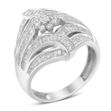 Load image into Gallery viewer, .925 Sterling Silver 1-1/8 Cttw Round & Baguette Diamond 'Flower & Fern' Cluster Cocktail Fashion Ring (I-J Color, I2-I3 Clarity) - Size 6