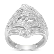 Load image into Gallery viewer, .925 Sterling Silver 1-1/8 Cttw Round & Baguette Diamond 'Flower & Fern' Cluster Cocktail Fashion Ring (I-J Color, I2-I3 Clarity) - Size 6