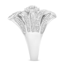 Load image into Gallery viewer, .925 Sterling Silver 1-1/8 Cttw Round & Baguette Diamond 'Flower & Fern' Cluster Cocktail Fashion Ring (I-J Color, I2-I3 Clarity) - Size 6