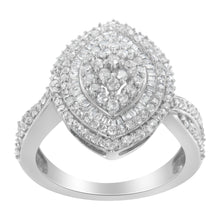 Load image into Gallery viewer, .925 Sterling Silver 1.0 Cttw Round & Baguette-Cut Diamond Marquise-Shaped Cluster Triple Stepped Halo Cocktail Fashion Ring (I-J Color, I2-I3 Clarity) - Size 7