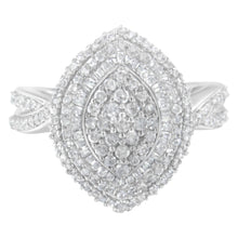 Load image into Gallery viewer, .925 Sterling Silver 1.0 Cttw Round & Baguette-Cut Diamond Marquise-Shaped Cluster Triple Stepped Halo Cocktail Fashion Ring (I-J Color, I2-I3 Clarity) - Size 7