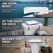 Load image into Gallery viewer, Premium Rod Mount 18" or 33" Raised Fillet Table – 3-in-1 Bait & Fish Station | Fits Rod Holders, Buckets & Flat Surfaces | Marine-Grade HDPE | Ruler, Juice Groove, Knife & Tool Slots