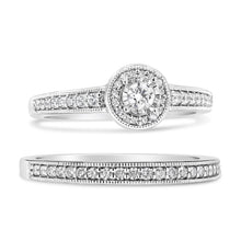 Load image into Gallery viewer, .925 Sterling Silver 1/2 Ctw Diamond Halo and Milgrain Engagement Ring Bridal Set (I-J Color, I3 Clarity) - Ring Size 7