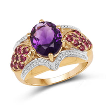 Load image into Gallery viewer, 14K Yellow Gold Plated 3.01 Carat Genuine Amethyst & Rhodolite .925 Sterling Silver Ring
