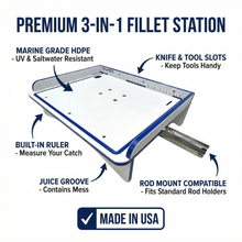 Load image into Gallery viewer, Premium Rod Mount 18" or 33" Raised Fillet Table – 3-in-1 Bait & Fish Station | Fits Rod Holders, Buckets & Flat Surfaces | Marine-Grade HDPE | Ruler, Juice Groove, Knife & Tool Slots