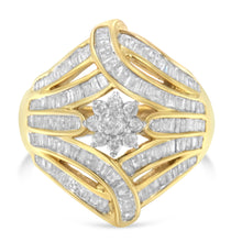 Load image into Gallery viewer, 10K Yellow Gold Flashed .925 Sterling Silver 1-1/8 Cttw Round & Baguette Diamond 'Flower & Fern' Cluster Cocktail Fashion Ring (I-J Color, I2-I3 Clarity) - Size 6