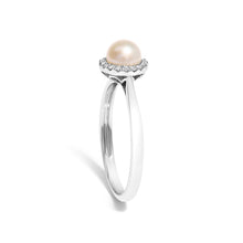 Load image into Gallery viewer, 10K White Gold 5MM Cultured Freshwater Pearl and Diamond Halo Ring (I-J Color, I1-I2 Clarity) - Ring Size 6.5