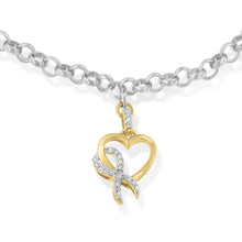 Load image into Gallery viewer, 10K Yellow Gold 1/10 Cttw Diamond Awareness Ribbon & Heart Charm on 7" .925 Sterling Silver Rolo Bracelet (H-I Color, I1-I2 Clarity)
