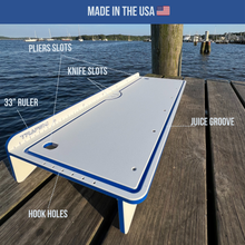Load image into Gallery viewer, Premium Rod Mount 18" or 33" Raised Fillet Table – 3-in-1 Bait & Fish Station | Fits Rod Holders, Buckets & Flat Surfaces | Marine-Grade HDPE | Ruler, Juice Groove, Knife & Tool Slots