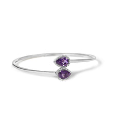 Load image into Gallery viewer, .925 Sterling Silver 8 x 5.5mm Pear Shape Amethyst and Diamond Accent Halo Bypass Bangle Bracelet (H-I Color, SI1-SI2 Clarity) - Fits up to 7" Inches