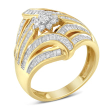 Load image into Gallery viewer, 10K Yellow Gold Flashed .925 Sterling Silver 1-1/8 Cttw Round & Baguette Diamond 'Flower & Fern' Cluster Cocktail Fashion Ring (I-J Color, I2-I3 Clarity) - Size 6