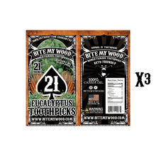 Load image into Gallery viewer, "BiteMyWood eucalyptus flavored birchwood toothpicks 21 count reusable bag