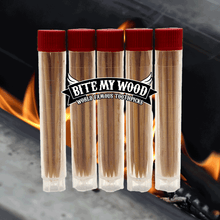 Load image into Gallery viewer, BiteMyWood 5 Pack qty Flavored Birchwood Toothpicks Ultimate Extreme Hot Cinnamon 60 Picks Total Count Super Infused Flavor Toothpick
