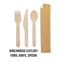 Load image into Gallery viewer, Disposable Birchwood Cutlery - Knife, Spoon and Fork By The Set In Eco-Friendly Brown Paper Wrapper - USA Made
