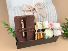 Load image into Gallery viewer, Gift Box For Him – Cozy Night Gift With Leather Notebook, Throw Blanket 50x60 & Bath Salts