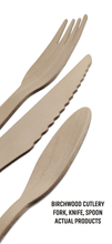 Load image into Gallery viewer, Disposable Birchwood Cutlery - Knife, Spoon and Fork By The Set In Eco-Friendly Brown Paper Wrapper - USA Made