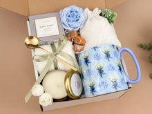 Load image into Gallery viewer, Comfort Gift Box – Cozy Mug and Socks Gift with Tea, Candle & Caramel Treats