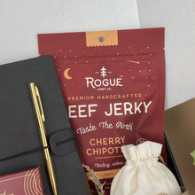 Load image into Gallery viewer, Campfire Comfort Gift Box | Beef Jerky Gift Set & Leather Notebook for Men