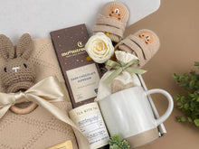Load image into Gallery viewer, New Mom Gift Set – Knitted Baby Blanket, Crochet Bunny Rattle & Self-Care Treats