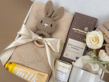 Load image into Gallery viewer, New Mom Gift Set – Knitted Baby Blanket, Crochet Bunny Rattle & Self-Care Treats