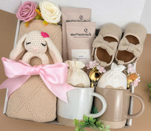 Load image into Gallery viewer, Newborn Gift Set – Baby Blanket, Handmade Bunny Rattle & Cozy Treats for Mom