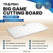 Load image into Gallery viewer, Big Game Cutting Chopping Board 3/8 Inch Thick | Food-Grade HDPE Optional Non-Skid Rubber Feet, Wide Juice Groove | 32 or 48 in x 18 in or 24 in for Tailgates, Coolers and Tables | Easy Grip Handle