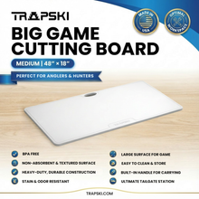 Load image into Gallery viewer, Big Game Cutting Chopping Board 3/8 Inch Thick | Food-Grade HDPE Optional Non-Skid Rubber Feet, Wide Juice Groove | 32 or 48 in x 18 in or 24 in for Tailgates, Coolers and Tables | Easy Grip Handle