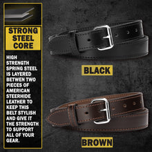 Load image into Gallery viewer, The Ultimate Steel Core Leather Gun Belt | Made in USA | 1 1/4" Steel Reinforced Heavy Duty Concealed Carry Belt | Full Grain Leather CCW Gun Belt For Men | 1.25 inch Gun Belts for Men