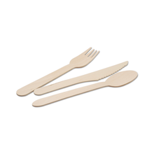Load image into Gallery viewer, Disposable Birchwood Cutlery - Knife, Spoon and Fork By The Set In Eco-Friendly Brown Paper Wrapper - USA Made