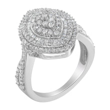 Load image into Gallery viewer, .925 Sterling Silver 1.0 Cttw Round & Baguette-Cut Diamond Marquise-Shaped Cluster Triple Stepped Halo Cocktail Fashion Ring (I-J Color, I2-I3 Clarity) - Size 7