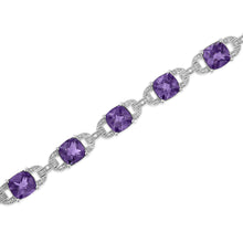 Load image into Gallery viewer, .925 Sterling Silver 7mm Cushion Cut Amethyst Gemstone and Diamond Tennis Link Bracelet (I-J Color, I1-I2 Clarity) - Size 7"