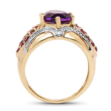 Load image into Gallery viewer, 14K Yellow Gold Plated 3.01 Carat Genuine Amethyst & Rhodolite .925 Sterling Silver Ring