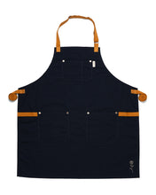 Load image into Gallery viewer, Black chefs apron with brown leather straps on a white background