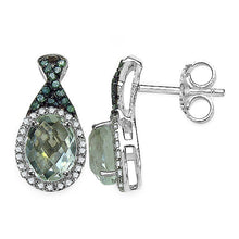 Load image into Gallery viewer, 2.55 Carat Genuine Green Amethyst, Green Diamond & White Diamond .925 Sterling Silver Earrings