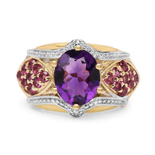 Load image into Gallery viewer, 14K Yellow Gold Plated 3.01 Carat Genuine Amethyst & Rhodolite .925 Sterling Silver Ring