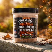 Load image into Gallery viewer, 450 Qty BiteMyWood Unflavored Double Point Blunt Tip Birchwood Toothpicks in Reusable Plastic Jar - USA Made