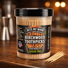 Load image into Gallery viewer, 450 Qty Unflavored Birchwood Single Point BiteMyWood Brand Grooved Toothpicks SP2 in Plastic Jar