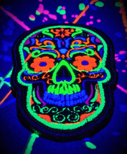 Load image into Gallery viewer, Blacklight Dark Blacklight Sugar Skull Velvet Patch - Amp Up Your Gear with Trippy, Eye-Catching Fluorescent Thread Magic
