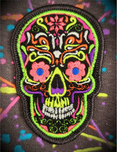 Load image into Gallery viewer, Blacklight Dark Blacklight Sugar Skull Velvet Patch - Amp Up Your Gear with Trippy, Eye-Catching Fluorescent Thread Magic
