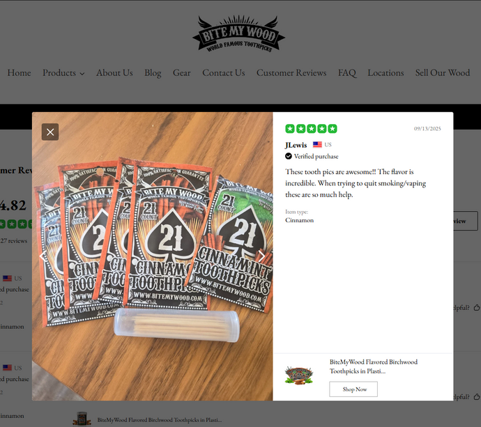 Customer Review - Verified purchase BiteMyWood Flavored Birchwood Toothpicks in Plastic Reusable Bag