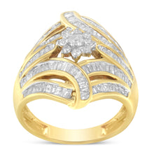 Load image into Gallery viewer, 10K Yellow Gold Flashed .925 Sterling Silver 1-1/8 Cttw Round &amp; Baguette Diamond 'Flower &amp; Fern' Cluster Cocktail Fashion Ring (I-J Color, I2-I3 Clarity) - Size 6
