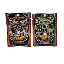 Load image into Gallery viewer, 2 Pack BiteMyWood Cinnamon and Mint Flavor Wooden Toothpicks in 100 Qty Plastic Reusable Bags
