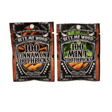 Load image into Gallery viewer, 2 Pack BiteMyWood Cinnamon and Mint Flavored Birchwood Toothpicks in 100 Qty Plastic Reusable Bags
